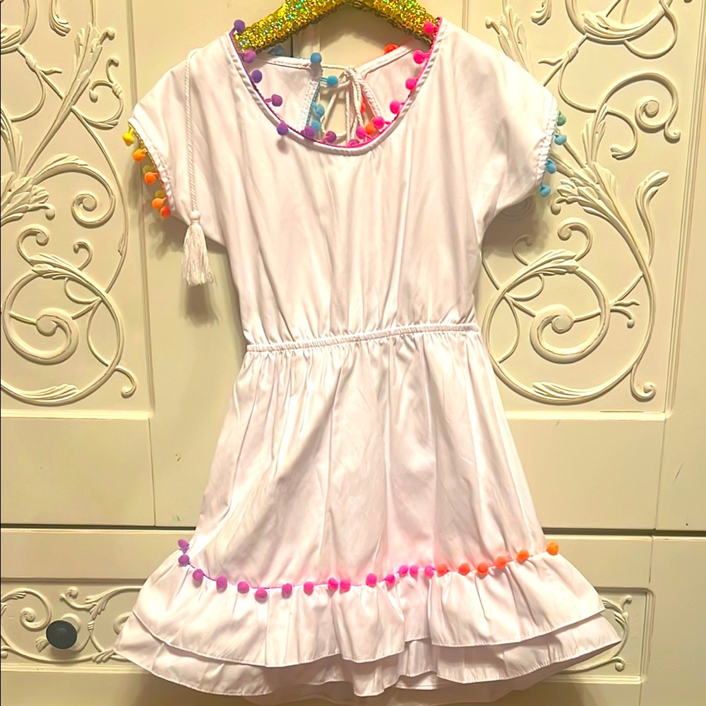 White Dress with Colorful Pom Poms size Small